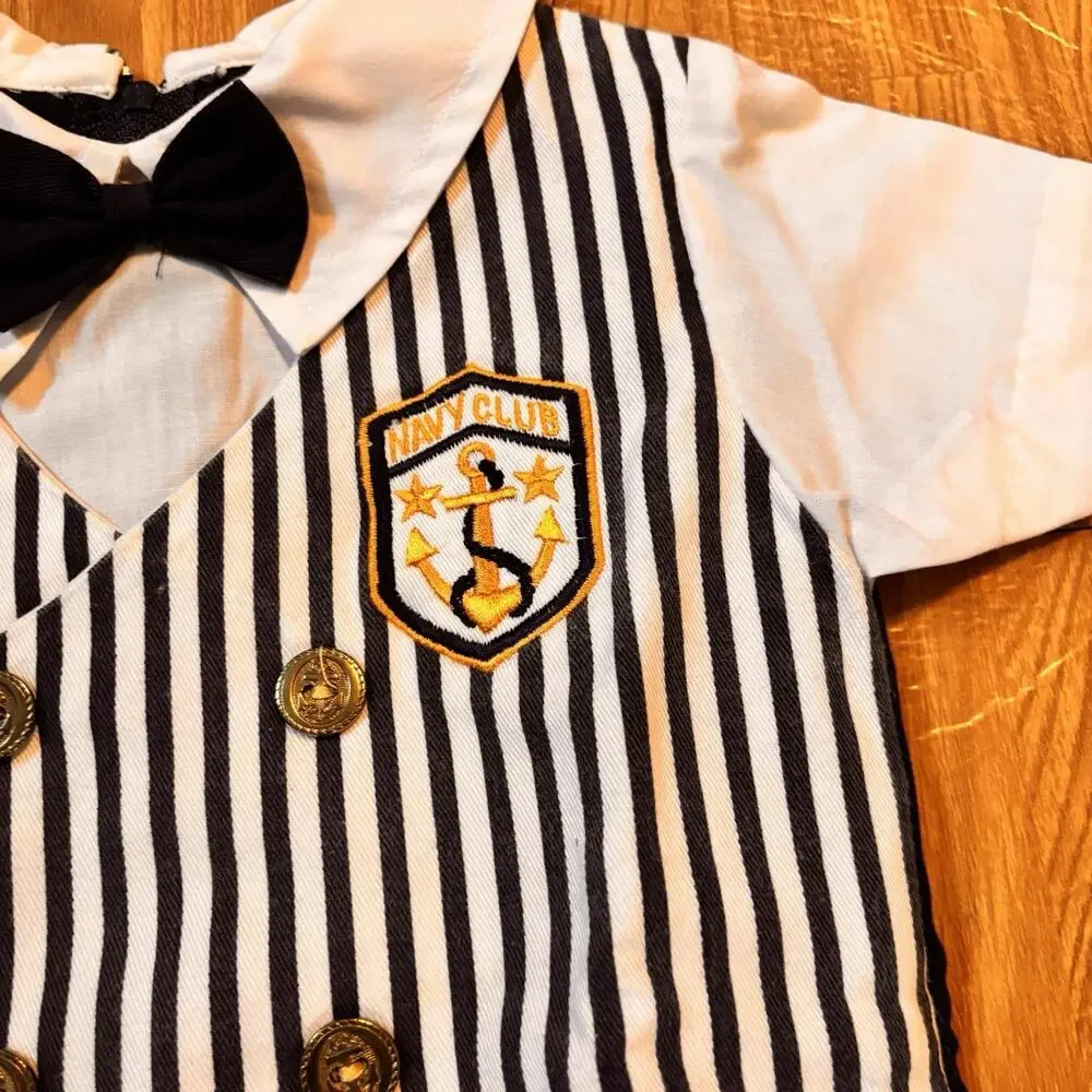 Vintage Baby Boys Navy Sailor Romper 12 Months Nautical Anchor Outfit One Piece